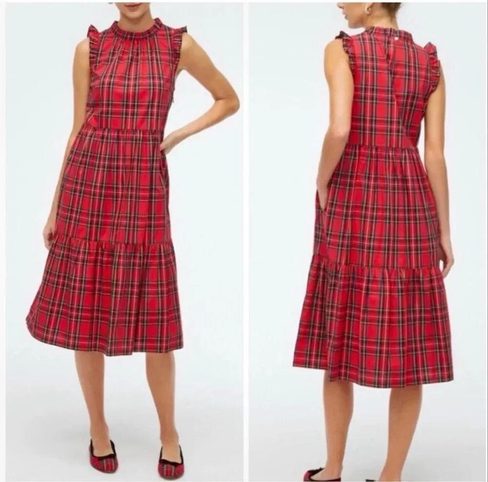 J.Crew Red Tartan Plaid Tiered Midi Dress Ruffle Trim Holiday Preppy Size 00